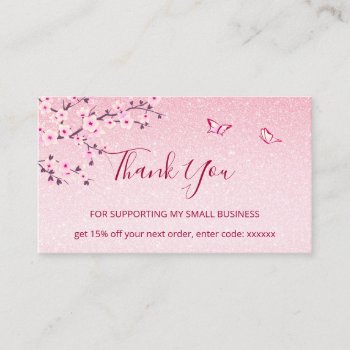 Cherry Blossom Pink Glitter Thank You  Business Card by SparklingSakura at Zazzle