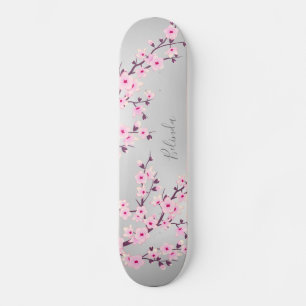 Cherry Blossom Pink Gray Asia Floral Monogram Skateboard