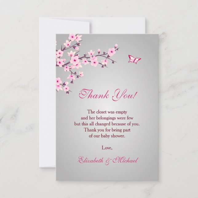 Cherry Blossom Pink Gray Baby Shower Thank You  Card (Front)