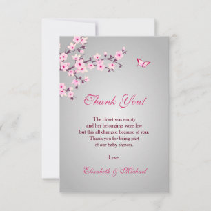 Cherry Blossom Pink Gray Baby Shower Thank You Card