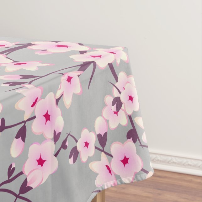 Cherry Blossom Pink Gray Floral Tablecloth (In Situ)