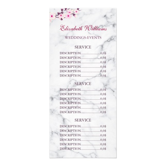 Cherry Blossom Pink Gray Marble Service Prices Rack Card (Front)