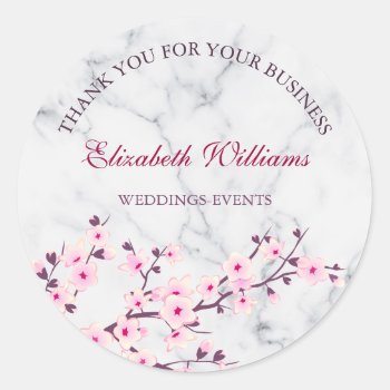 Cherry Blossom Pink Gray Marble Thank You Classic Round Sticker by NinaBaydur at Zazzle