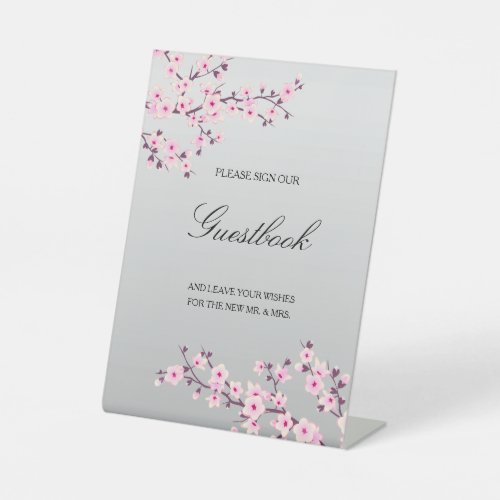 Cherry Blossom Pink Gray Wedding Guestbook Pedestal Sign