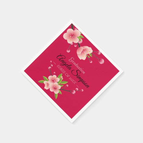 Cherry Blossom Pink green floral Graduation Party Napkins