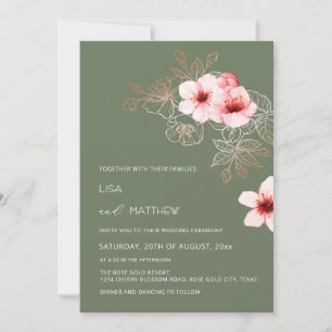 Cherry Blossom Pink Green Wedding Invitation