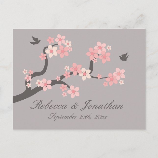 Cherry Blossom pink/grey RSVP postcard (Front)