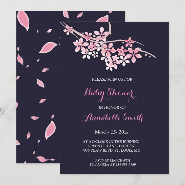 Cherry Blossom Pink navy   floral Baby Shower Invitation (Front/Back)