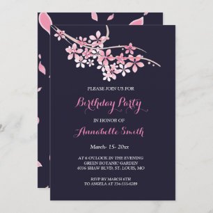Cherry Blossom Pink navy floral Birthday Party Invitation