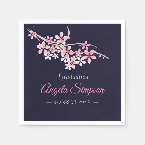 Cherry Blossom Pink navy  floral Graduation Party Napkins