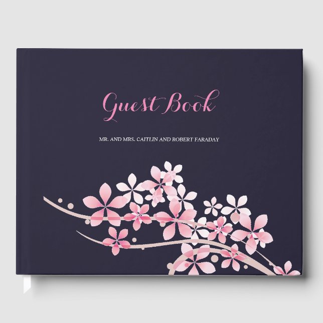 Cherry Blossom Pink navy  floral  Wedding guest Book (Front)