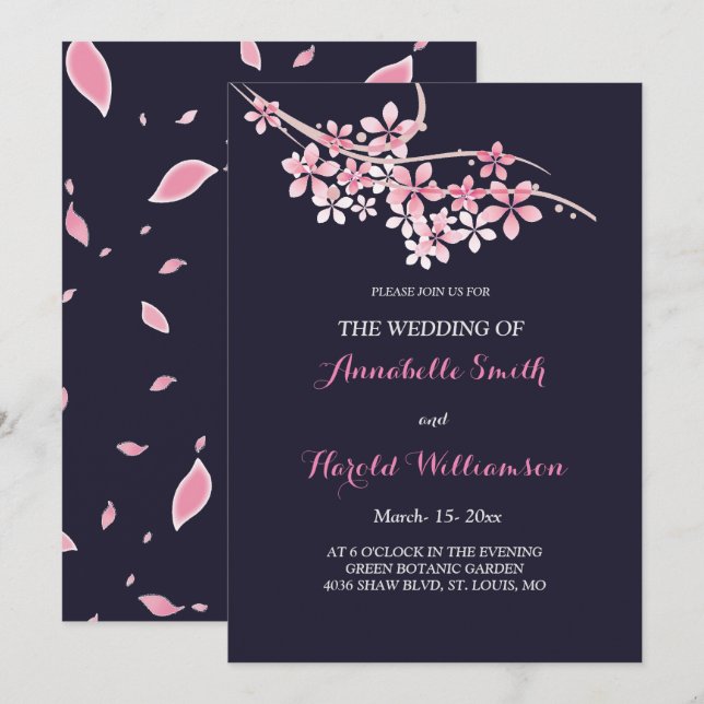 Cherry Blossom Pink navy floral  Wedding Invitation (Front/Back)