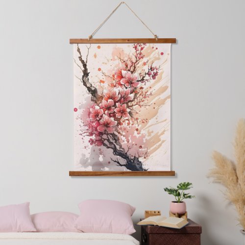 Cherry Blossom Pink Red Watercolor Flowers Floral Hanging Tapestry