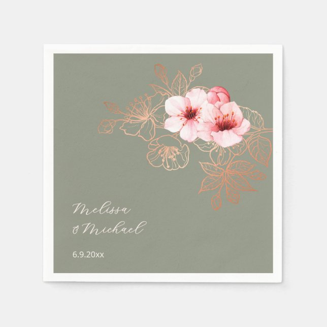 Cherry Blossom Pink Sage Green Wedding Napkins (Front)