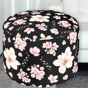 CHERRY BLOSSOM PINK SAKURA PATTERN BLACK POUF