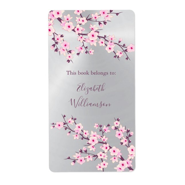 Cherry Blossom Pink Silver Floral Bookplate  (Front)