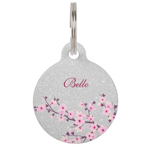 Cherry Blossom Pink Silver Glitter Name Address Pet ID Tag