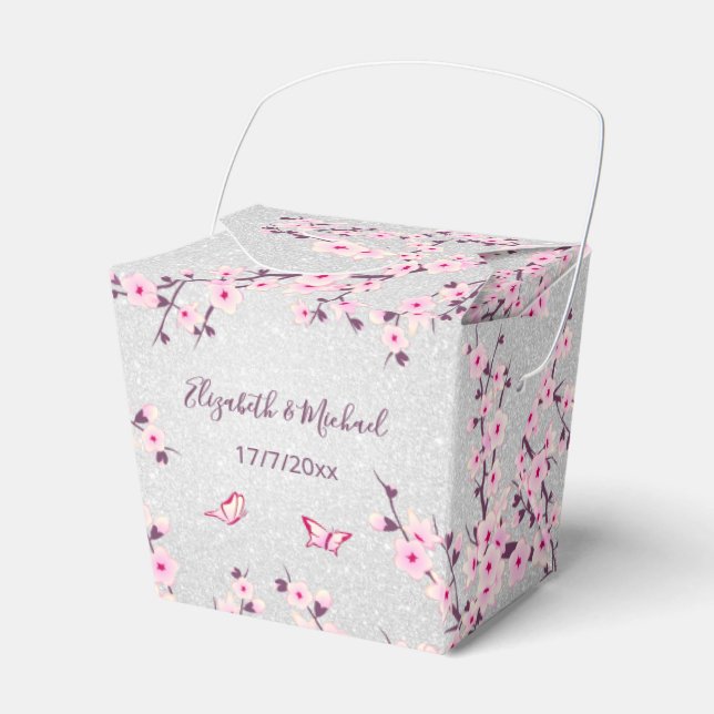 Cherry Blossom Pink Silver Glitter | Wedding Favor Boxes (Front Side)