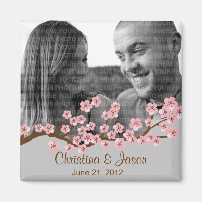 Cherry Blossom Pink Silver Save the Date Photo Magnet (Front)