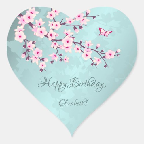 Cherry Blossom Pink Turquoise  Custom Birthday Heart Sticker