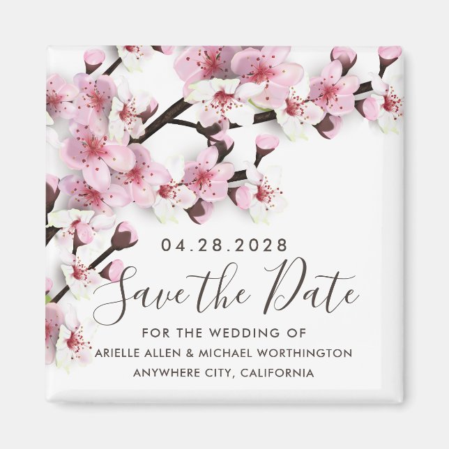 Cherry Blossom Pink Wedding Save the Date Magnets (Front)