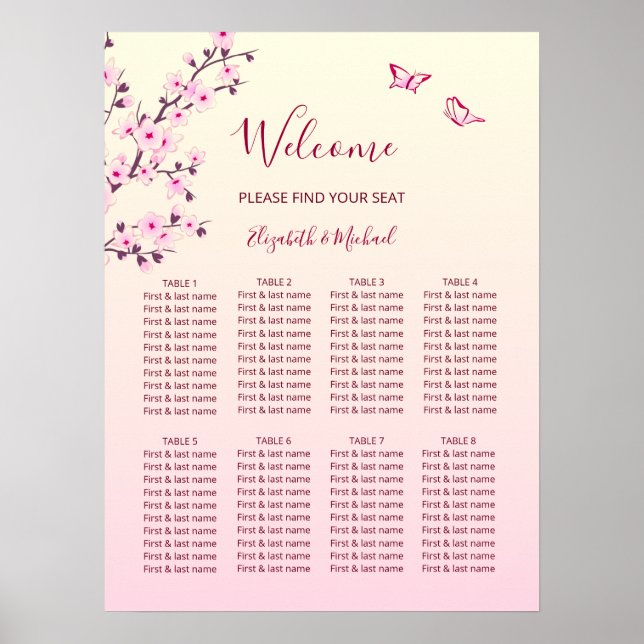 Cherry Blossom Pink  Wedding Seating Chart (Front)