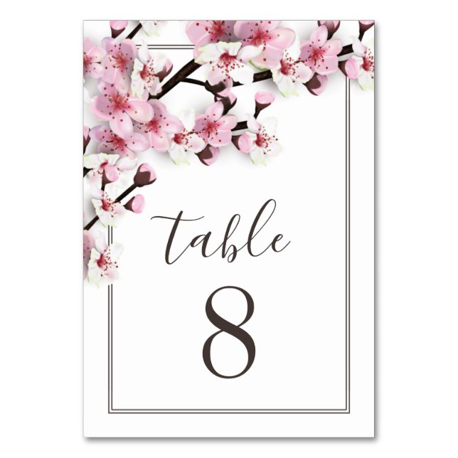 Cherry Blossom Pink Wedding Table Number Cards (Front)