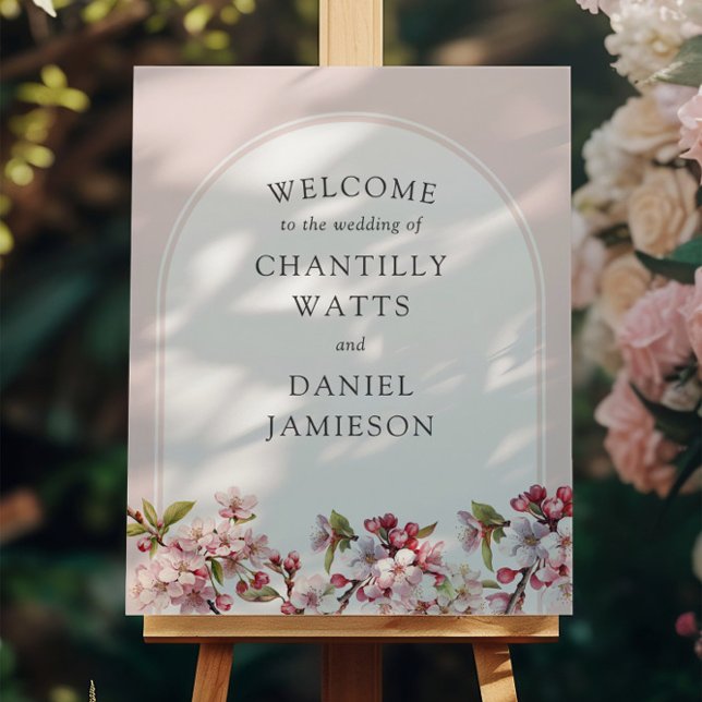 Cherry Blossom Pink White Arch Wedding Welcome Foam Board (Wedding Welcome Sign from the Cherry Blossom Wedding Collection by Darling & May)