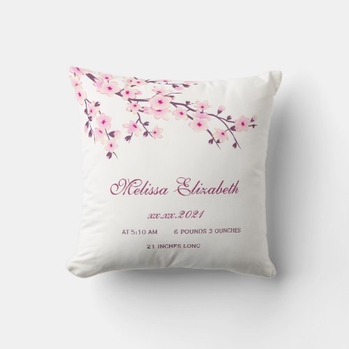 Cherry Blossom Pink White Baby Girl Birth Stats Throw Pillow