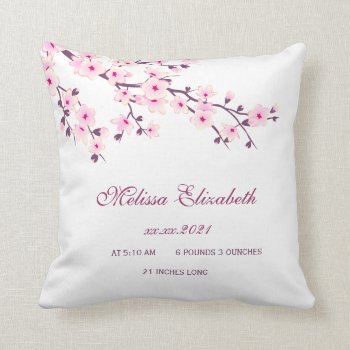 Cherry Blossom Pink White Baby Girl Birth Stats Throw Pillow by NinaBaydur at Zazzle