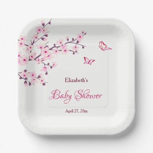 Cherry Blossom Pink White Baby Shower   Paper Plates
