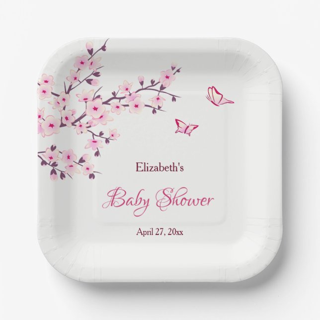 Cherry Blossom Pink White Baby Shower   Paper Plates (Front)