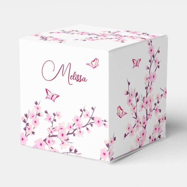 Cherry Blossom Pink White Custom Birthday Favor Boxes (Back Side)