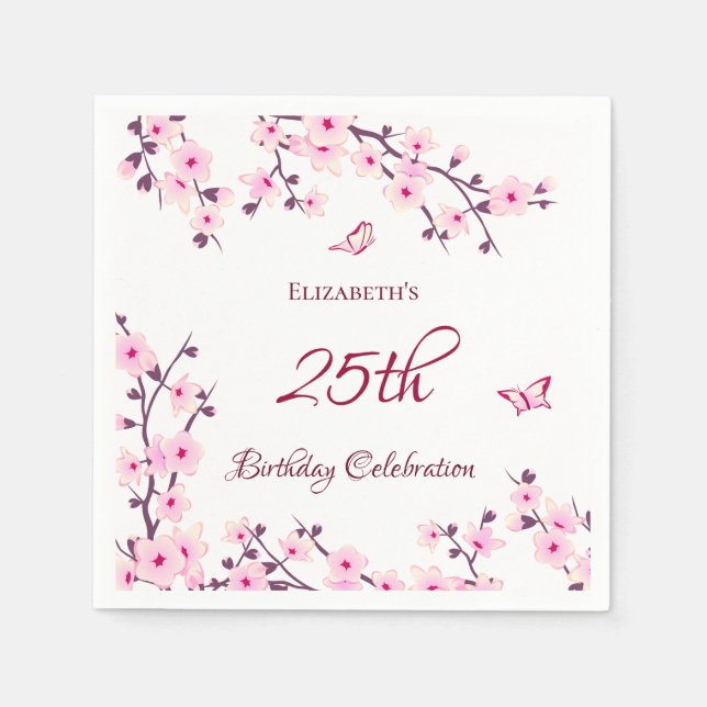 Cherry Blossom Pink White Custom Birthday Napkins (Front)