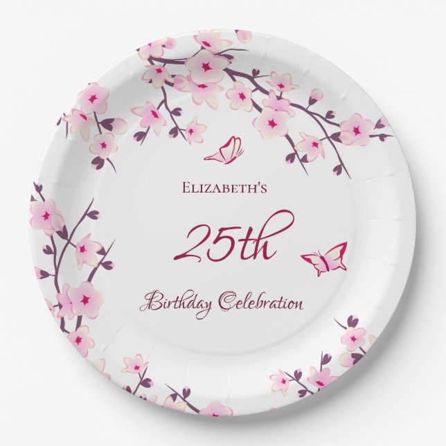 Cherry Blossom Pink White Custom Birthday Paper Plates (Front)