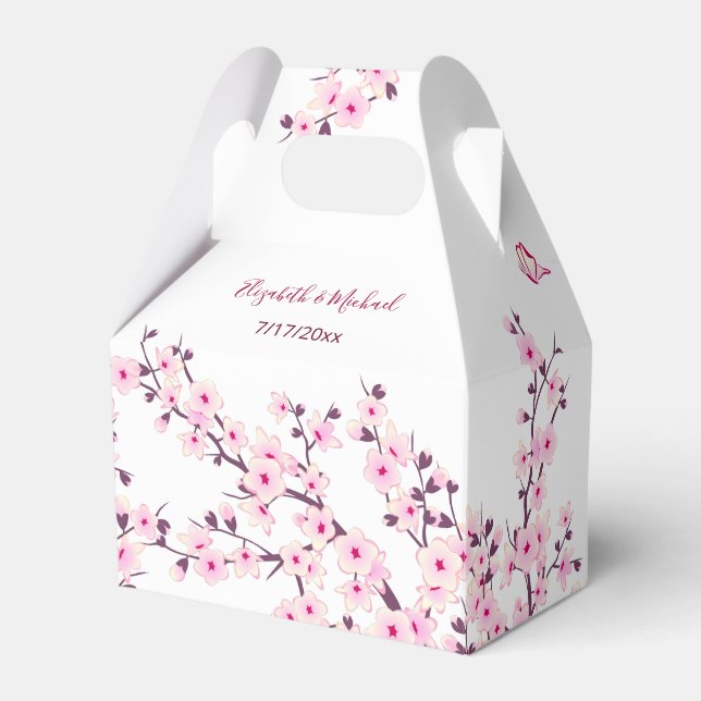 Cherry Blossom Pink White Custom Wedding Favor Boxes (Front Side)