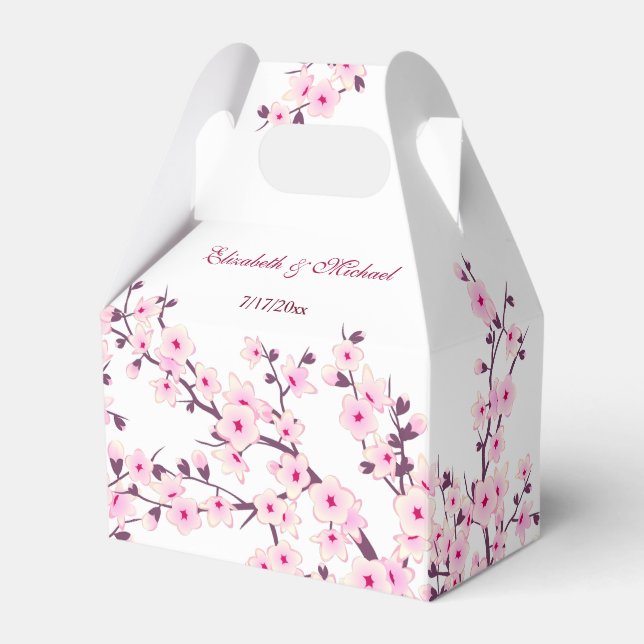 Cherry Blossom Pink White Custom Wedding Favor Boxes (Front Side)