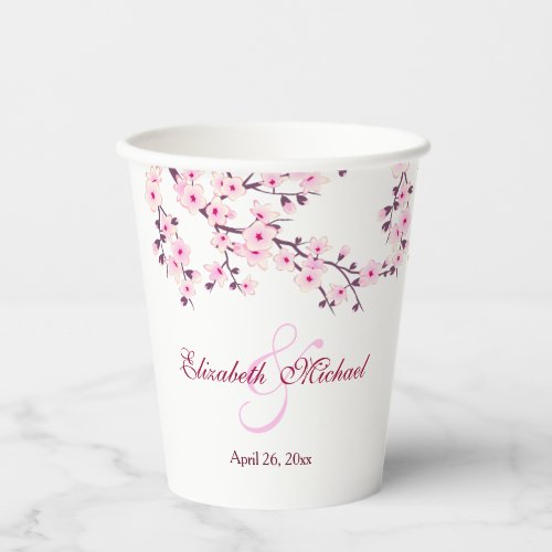 Cherry Blossom Pink White Custom Wedding  Paper Cups