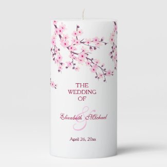 Cherry Blossom Pink White Custom Wedding Pillar Candle