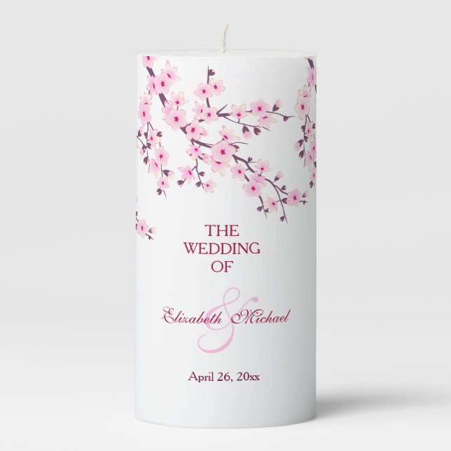 Cherry Blossom Pink White Custom Wedding Pillar Candle (Front)
