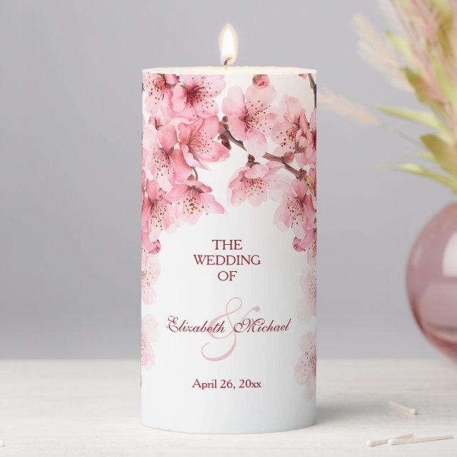 Cherry Blossom Pink White Custom Wedding Pillar Candle (In Situ)