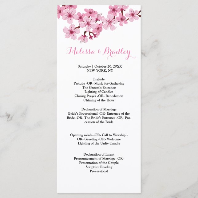 Cherry Blossom Pink White  flora  ceremony Program (Front)