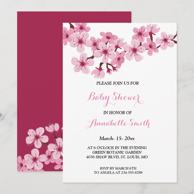 Cherry Blossom Pink White floral Baby Shower Invitation (Front/Back)