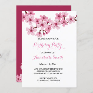 Cherry Blossom Pink White floral Birthday Party Invitation