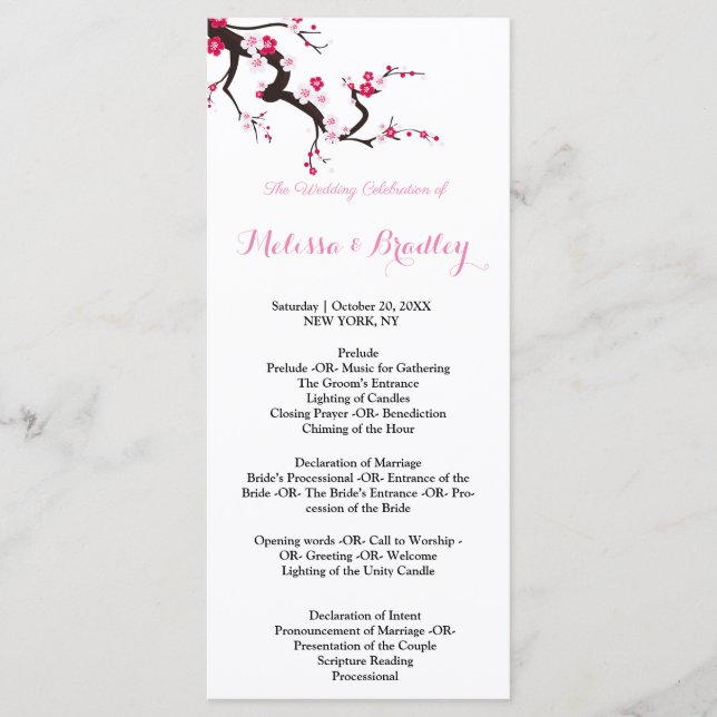 Cherry Blossom Pink White  floral ceremony Program (Front)