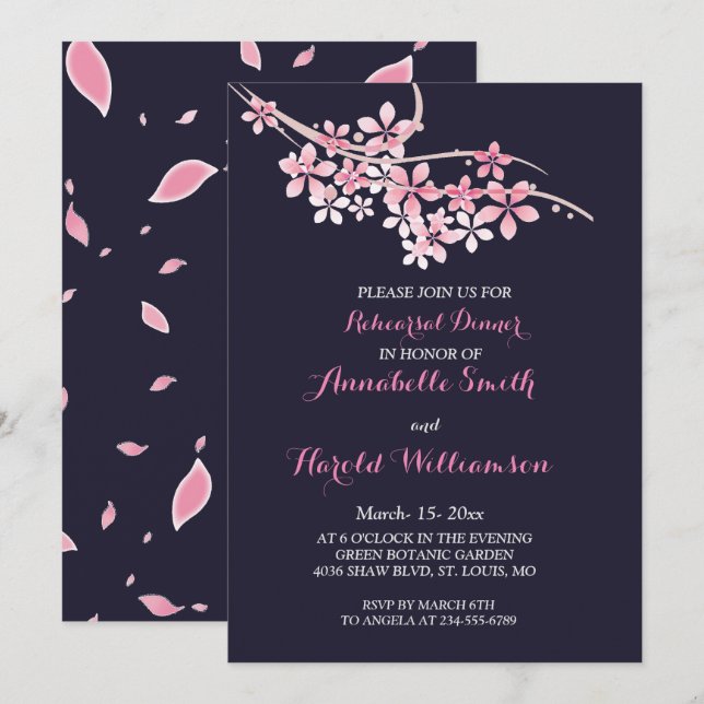 Cherry Blossom Pink White  floral Rehearsal Dinner Invitation (Front/Back)