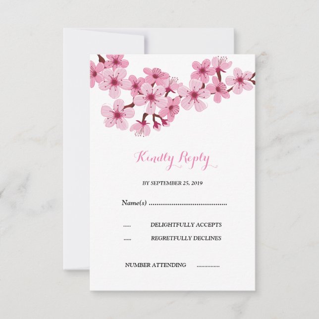 Cherry Blossom Pink White  floral  Wedding RSVP Card (Front)