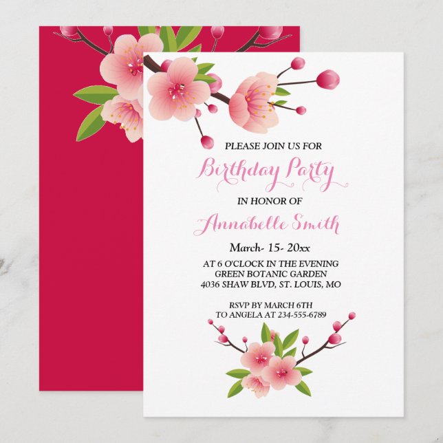 Cherry Blossom Pink White green floral Birthday Invitation (Front/Back)