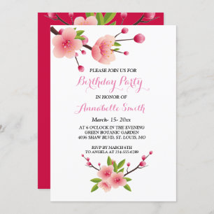 Cherry Blossom Pink White green floral Birthday Invitation