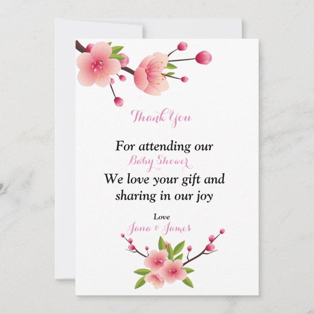 Cherry Blossom Pink White green floral Thank You Card (Front)